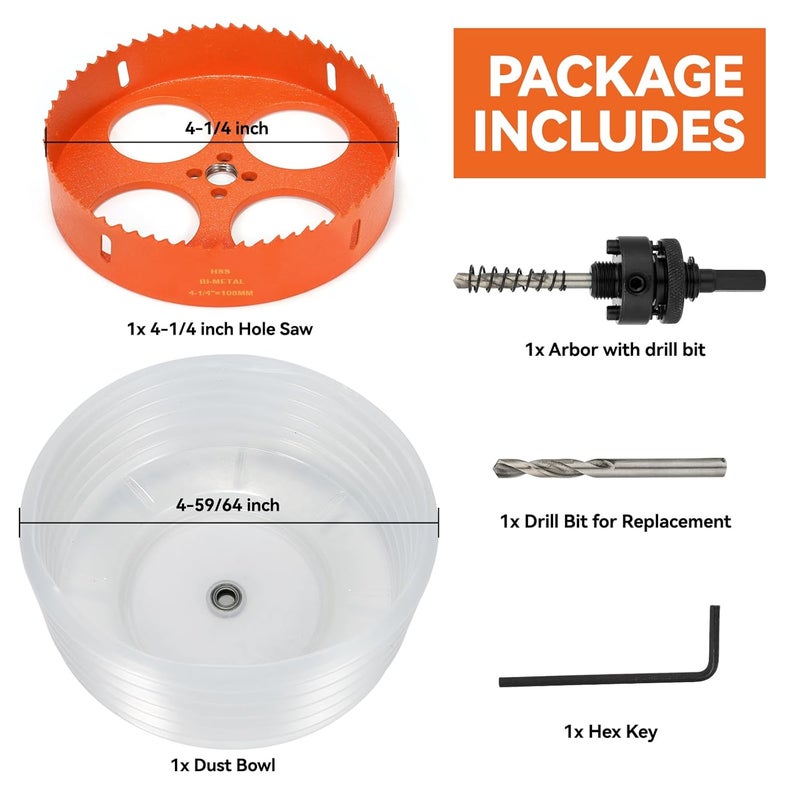 Genubi Industry 4 1/4 Hole Saw for Recessed Lights, 4.25 Inch Bi-Metal Hole Cutter Kit with Dust Bowl Catcher for Led Recessed Lighting 4 Inch, Ceiling, Wood, Drywall and Plastic - Image 3